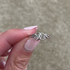 White Gold interlocking hearts ring with 2 diamonds, size 6.5
